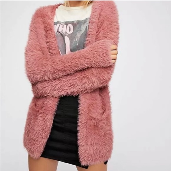 Free People Sweaters - Free People Fuzzy Faux Fur Cardigan Dusty Pink M